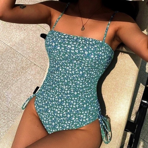 Romwe Green & White Floral Print Side Drawstring One Piece Swimsuit Size Large - Picture 1 of 15